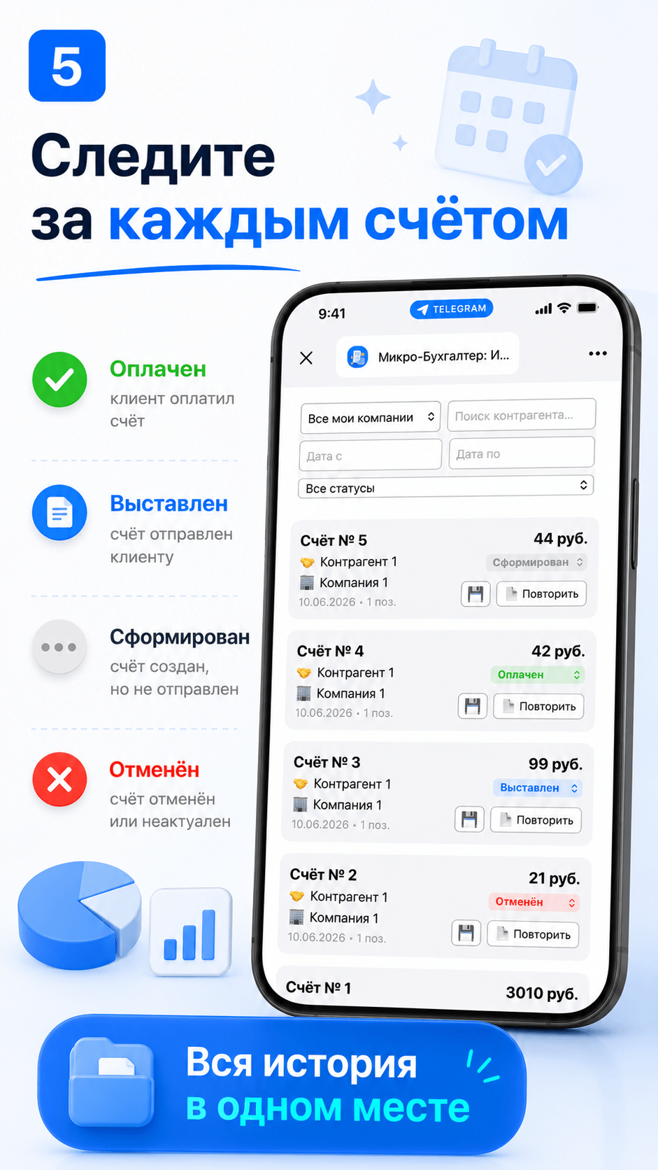 Список счетов и статусы оплат в боте